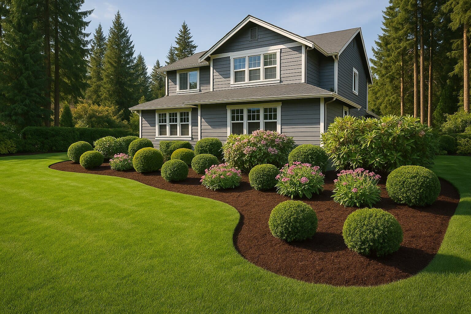 Freshly mulched, weed-free planting beds with crisp edges beside a trimmed lawn