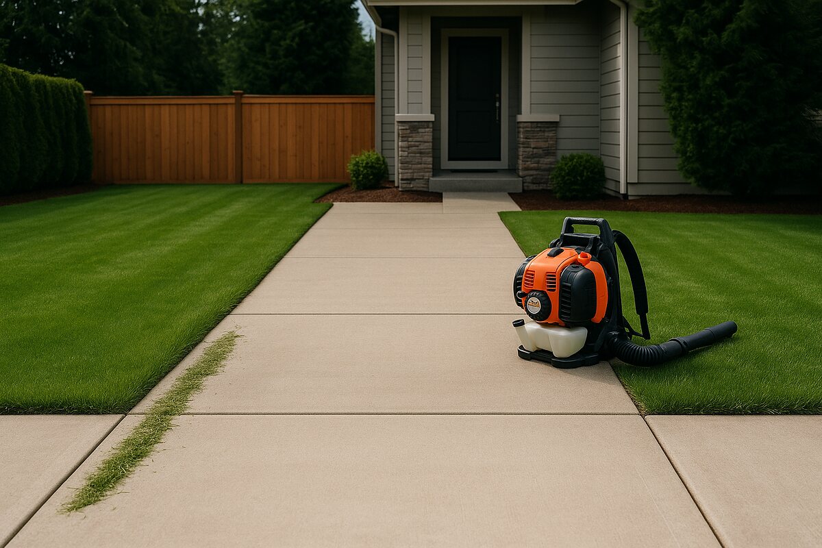 Driveway and front walkway blown clean of grass clippings