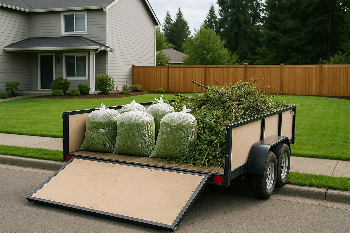Trailer loaded with bagged clippings and yard debris at the curb