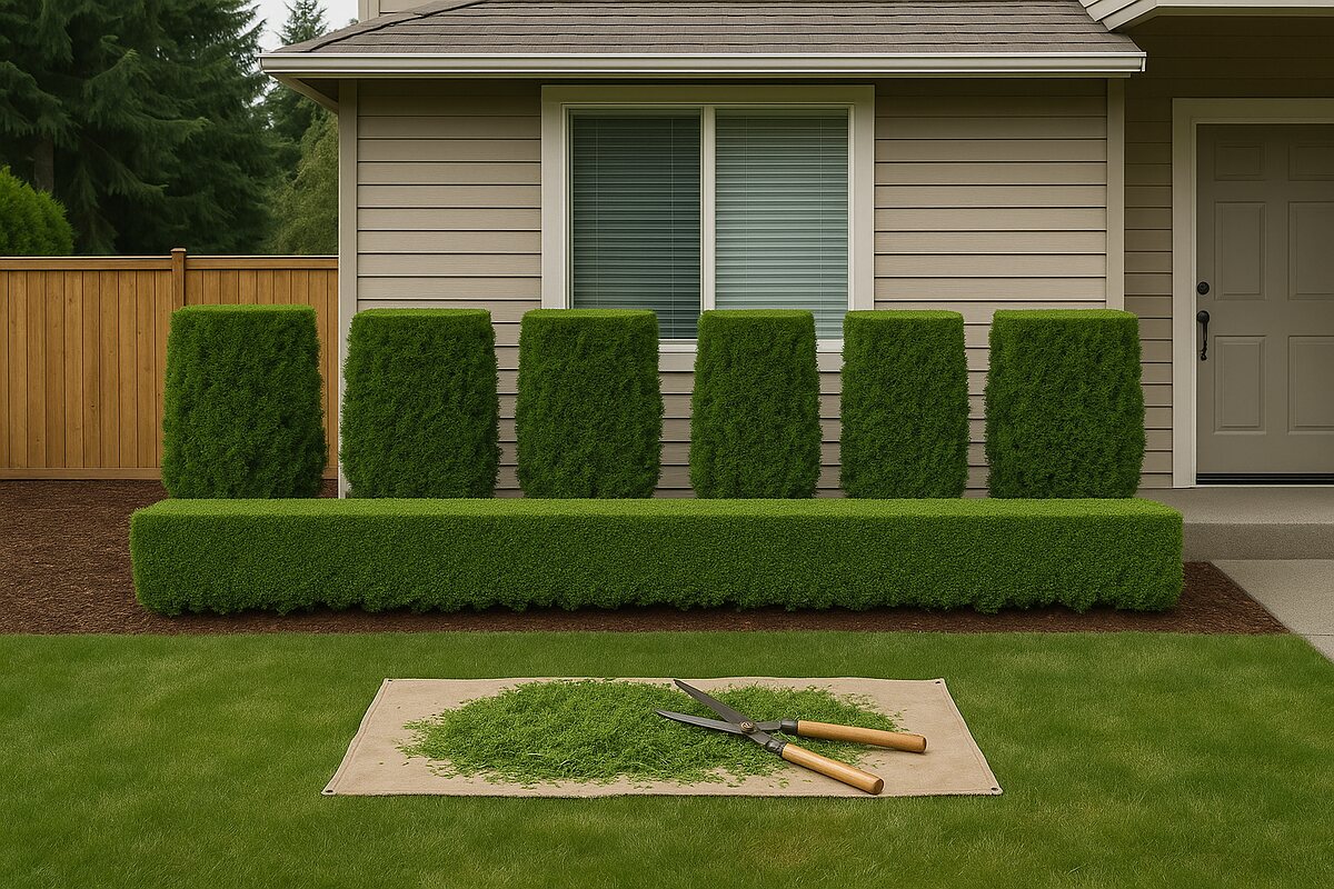Row of shrubs and a hedge trimmed to an even, flat-topped shape