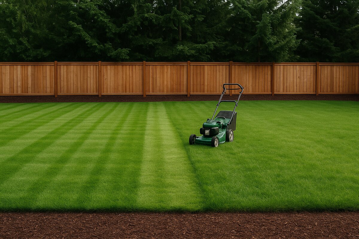Lawn half mown, showing clean parallel stripes across the cut half