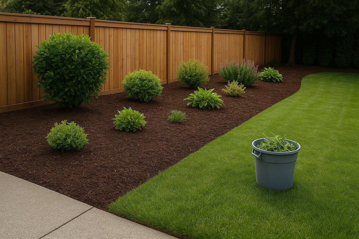Weed-free bark mulch bed with a crisp cut edge against the lawn